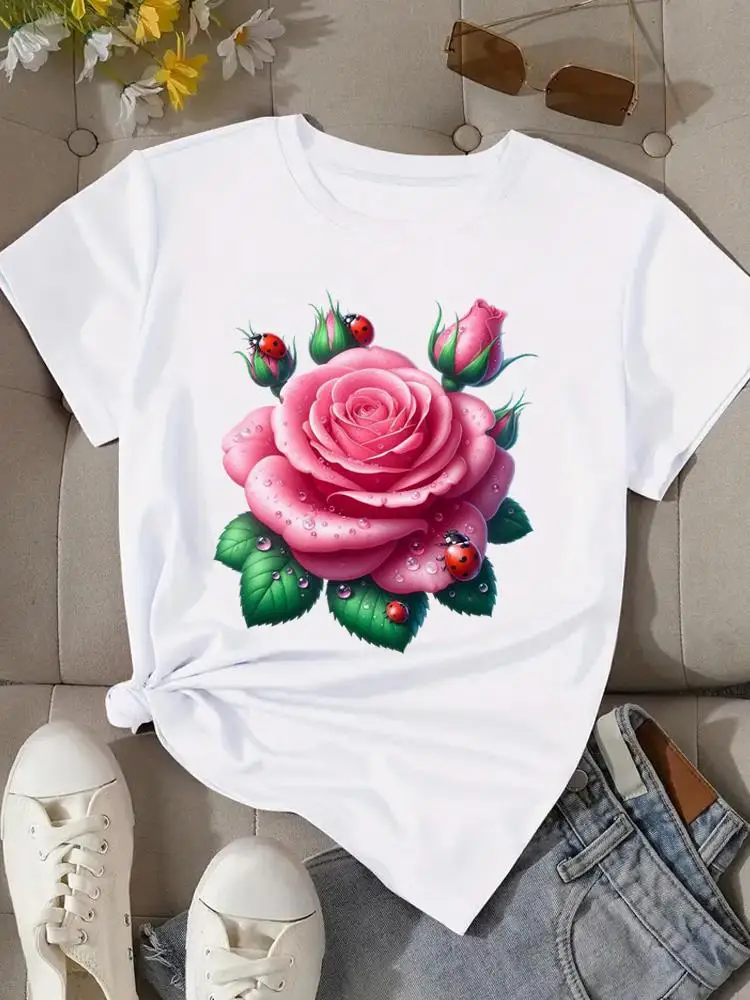 Camisetas gráficas t roupas de moda imprimir popular casual doce vintage borboleta flor feminina o-pescoço manga curta camisetas