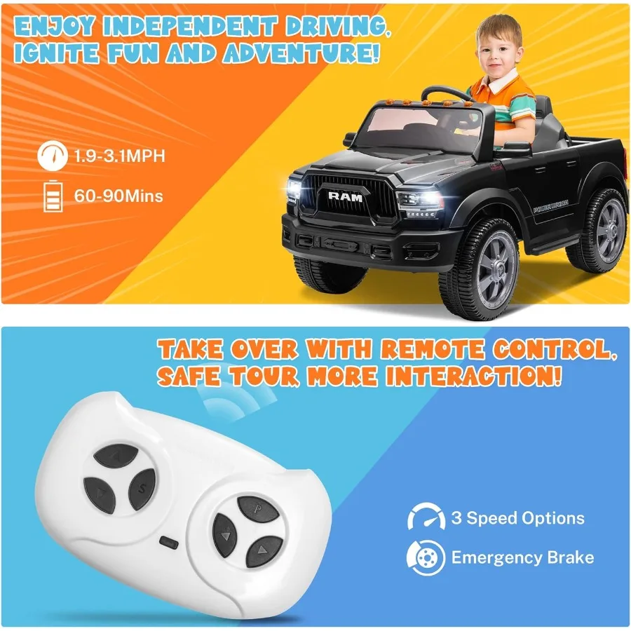 12V 7Ah Licensed Ride On Car Truck, Electric Car Ride On Toys w/Parent Remote Control, LED Llights, MP3 Music & Back Storage, Id