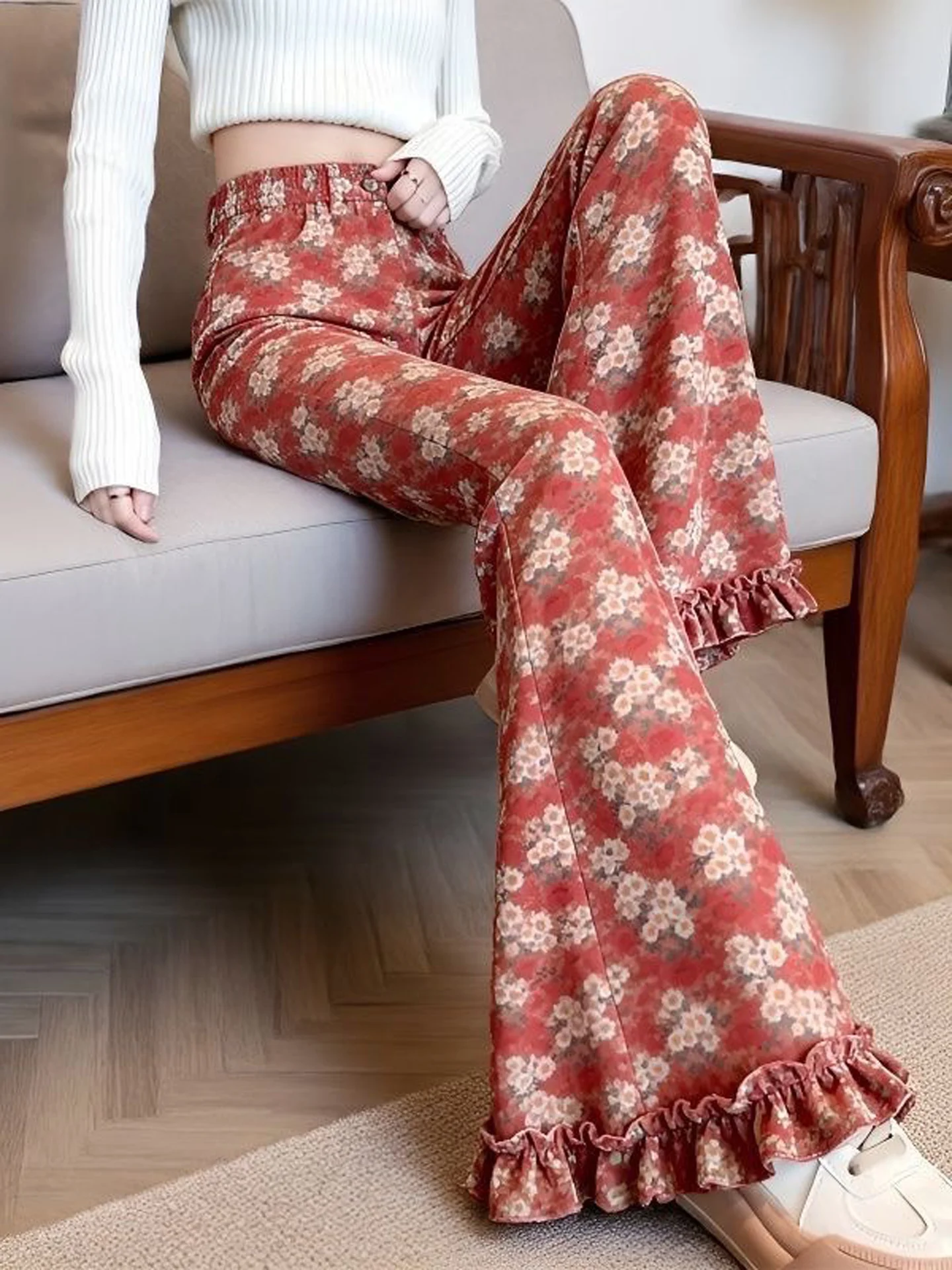 Floral High Waist Wide Leg Pants Women's Fashion Spring Autumn New Style Unique Beautiful Casual Micro Flared Trousers