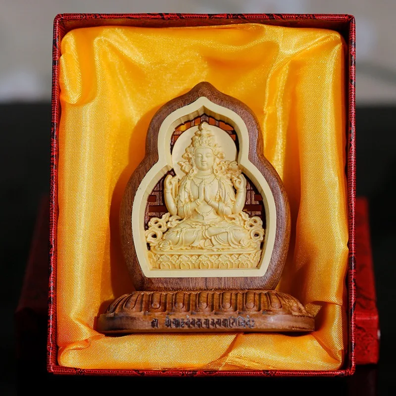 Four-Armed Guanyin Solid Wood Buddha Statue Ornament, Tibetan Style Ethnic Wooden Car Decoration, Tibetan Style Car Ornament