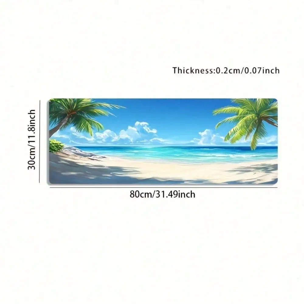 

A Large Gaming Mouse Pad Featuring An Artistic Design Of A Coconut Tree Beach Scene, With A Non-Slip, Washable Rubber Base. This Oversized Desk Mat Is Perfect For Office Additions, Computer Decor, And Desktop Decoration