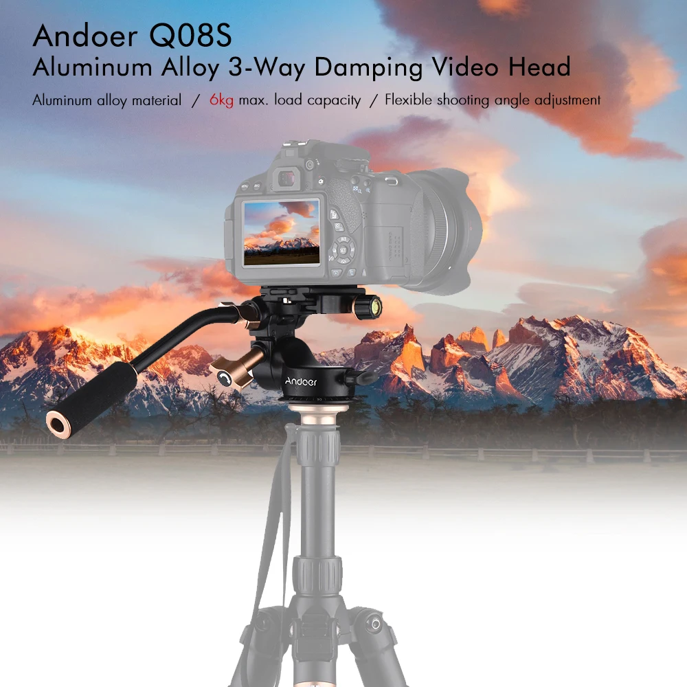 Andoer Q08S Aluminum Alloy 3-Way Damping Video Head Tripod Head w/ Pan Bar Handle 360° Panoramic Shooting 1/4\