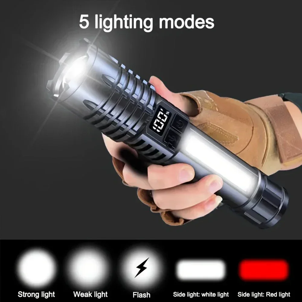 LED Flashlight High Lumens Tactical Torch USB Rechargeable With COB Lamp Waterproof Outdoor Camping Riding Hiking Lantern
