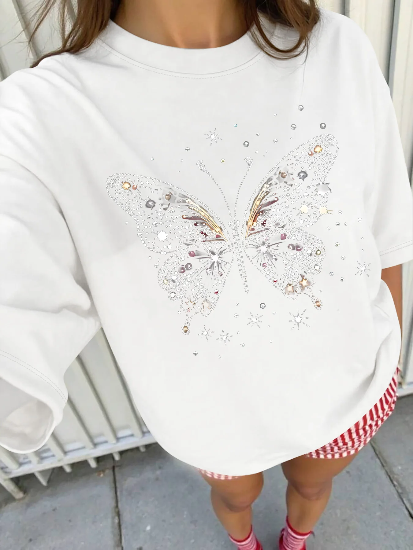 Plus - Size Rhinestone Butterfly Graphic Tee, Six Colour Short - Sleeve
