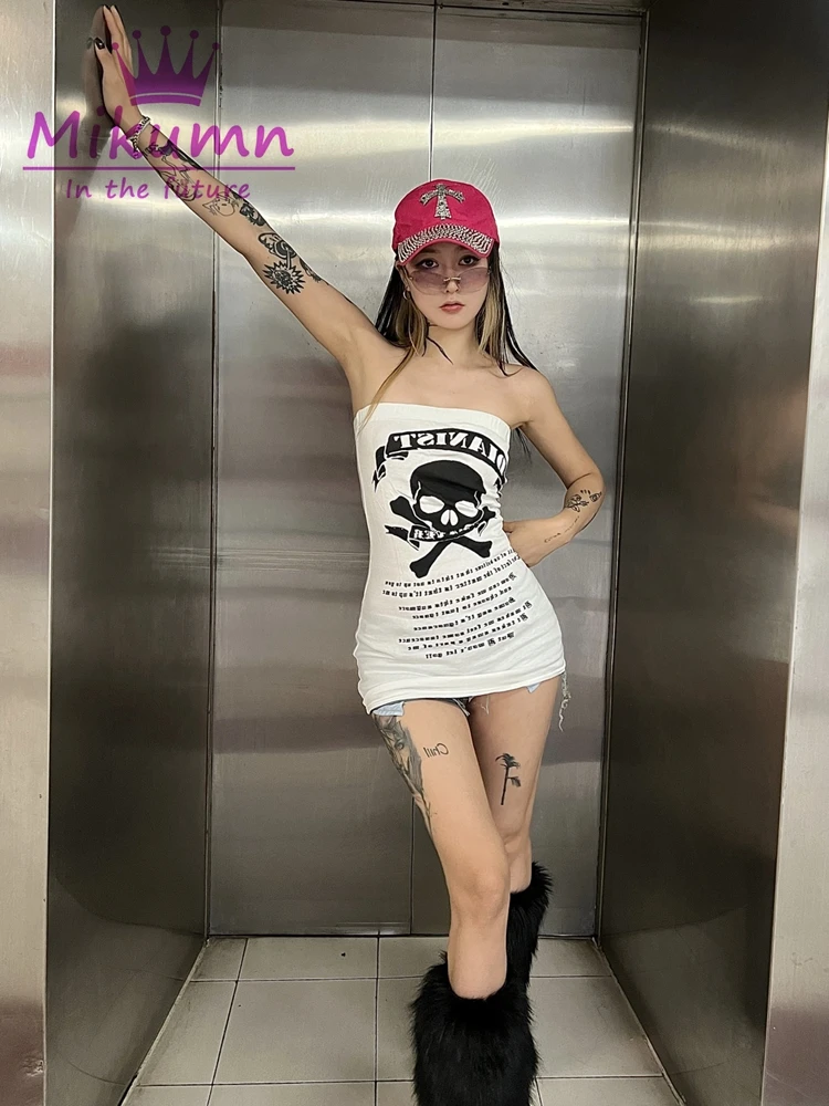 Japanese Vintage Skull Print Tube Dress For Women's Summer New Bodycon Party Clubwear Y2k Aesthetic Sexy Off Shoulder Mini Dress