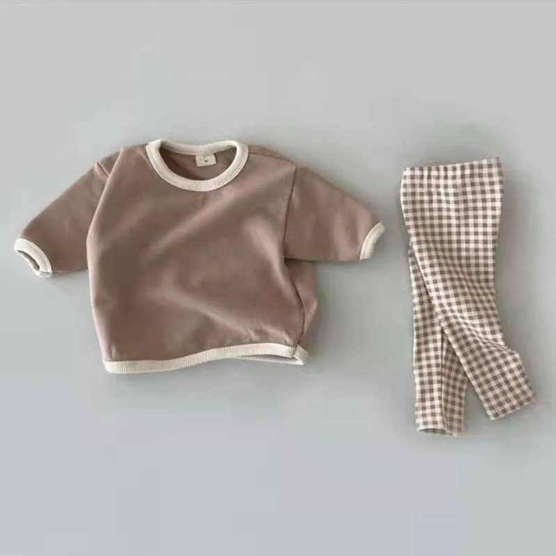 Herfst Nieuwe Baby Lange Mouw Kleding Set Baby Effen Casual Sweatshirt Set Jongens Meisjes Geruite Broek Outfits Kinderen 2 Stuks Pak