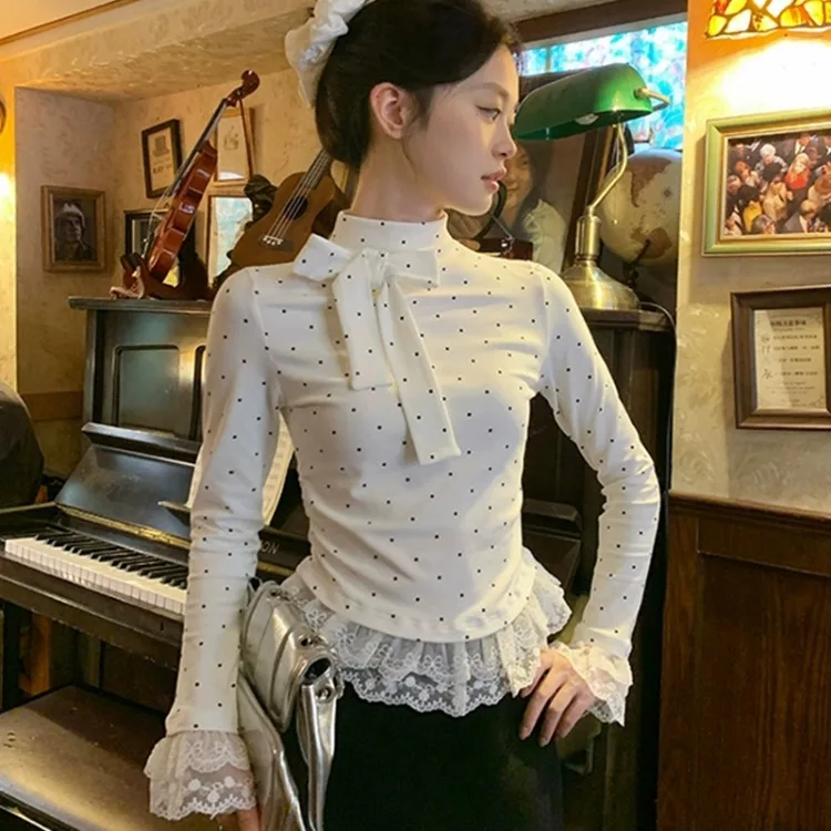 

Autumn Winter New Bottoming Tops Women Lace Patchwork Slim Fit Half-high Collar Bow T-shirts Long Sleeve All-match Tee Shirt
