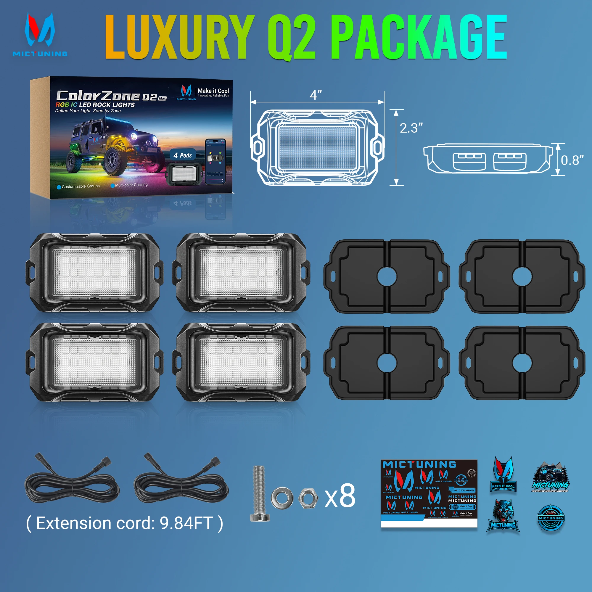 MICTUNING 4 Pods Q2 MAX RGB+IC Rock Lights,Individual Group Control Underglow Neon Kit with APP Control,Extensible Up to 20 Pods