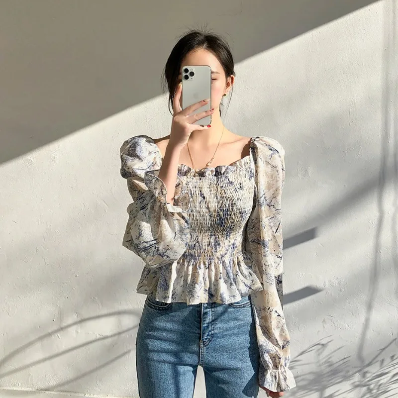 

Весна-Осень 2026: Женская шифоновая блузка на одно плечо с длинным рукавом, цветочным принтом, приталенного кроя, модный топ, дизайнерская новинка