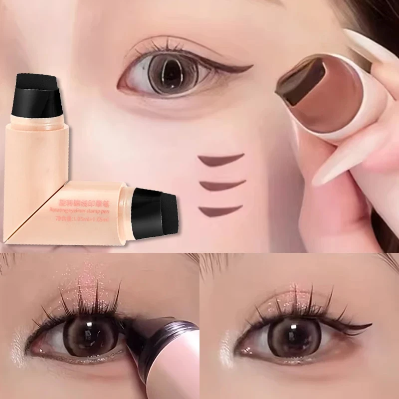 Lazy Integrierter Eyeliner-Stempel mit Doppelkopf, drehbar, präziser Konturenstempel, langanhaltend, wasserfest, schnell trocknender flüssiger Eyeliner-Stift