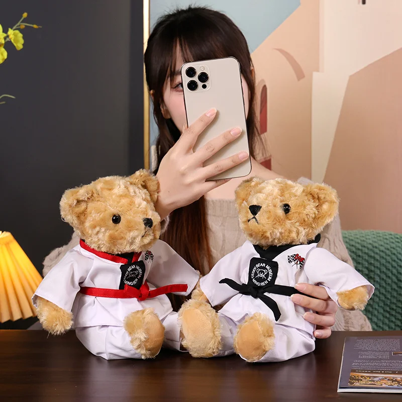 Funny Kawaii Teddy Bear Wear Taekwondo Uniform Plushie Doll Soft Stuffed Animal Brown Bear Plush Toys Kids Girls Valentine Gifts