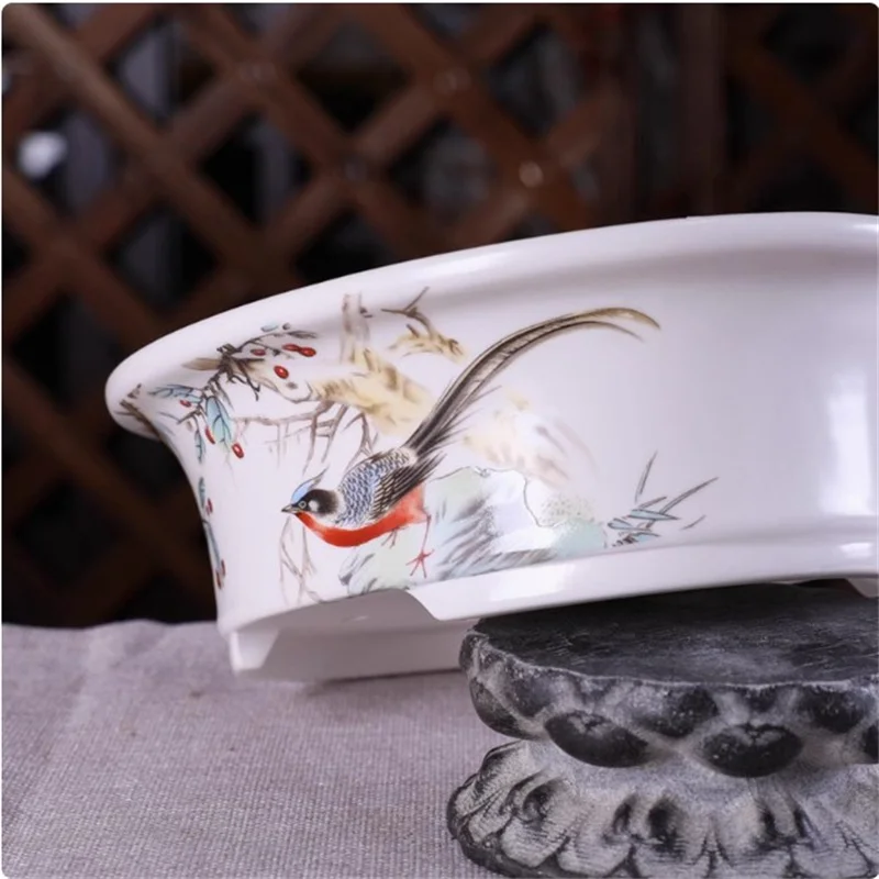 Porcelain  Glazed Oval Bonsai Pot,Chinese Pattern,Table Decoration,Indoor Plant,