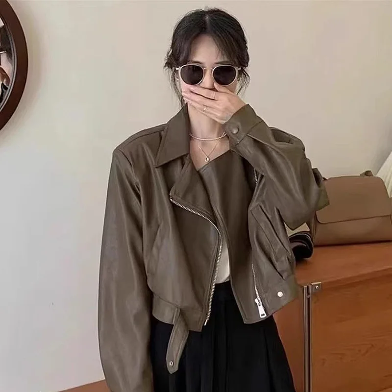 Femmes veste en cuir Vintage américain rue revers court noir PU Biker manteaux femme 2025 automne mode culture hauts manteaux