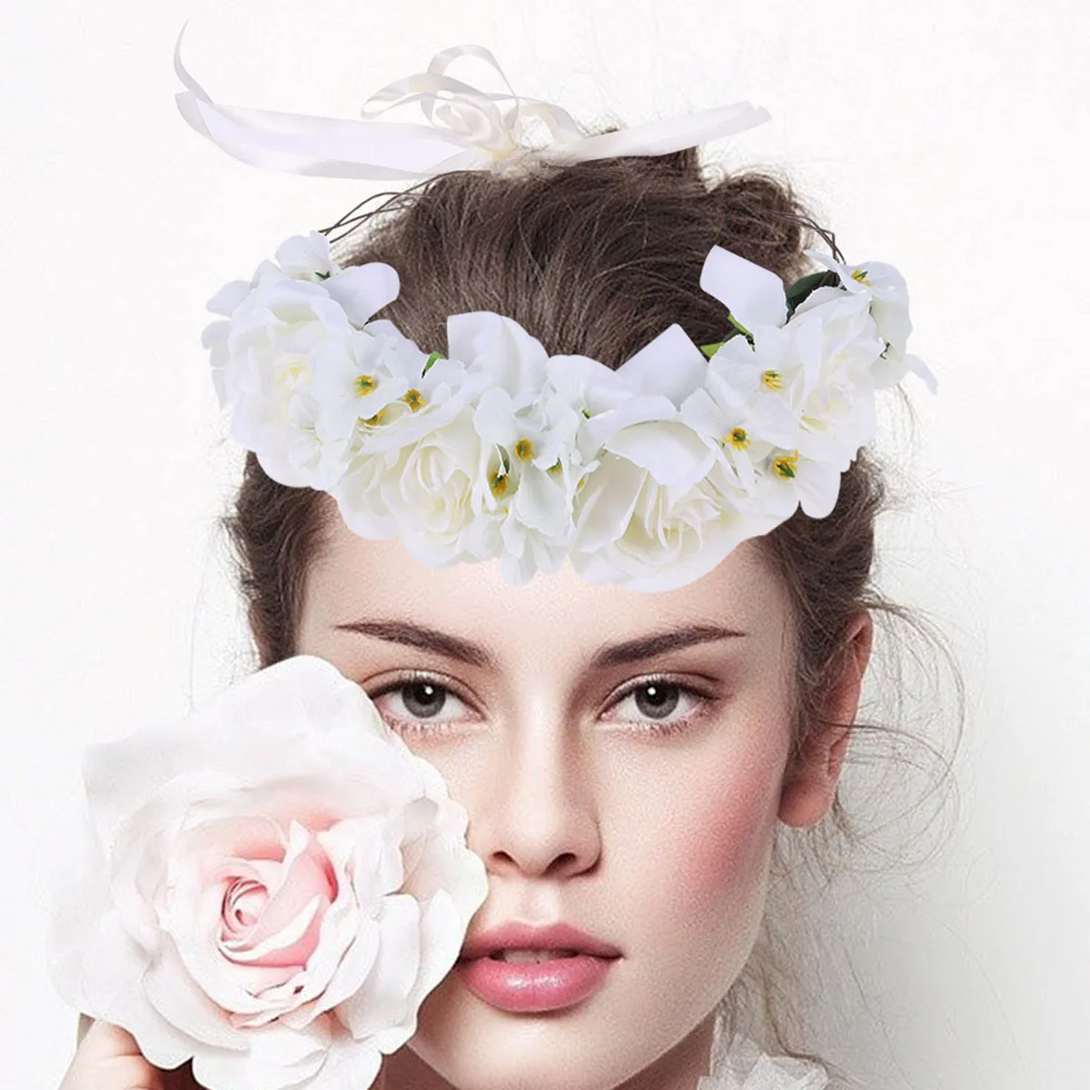 

Rose Flower Hair Band Artificial Simulation with Adjustable Ribbon for Wedding Party Christmas Celebration White