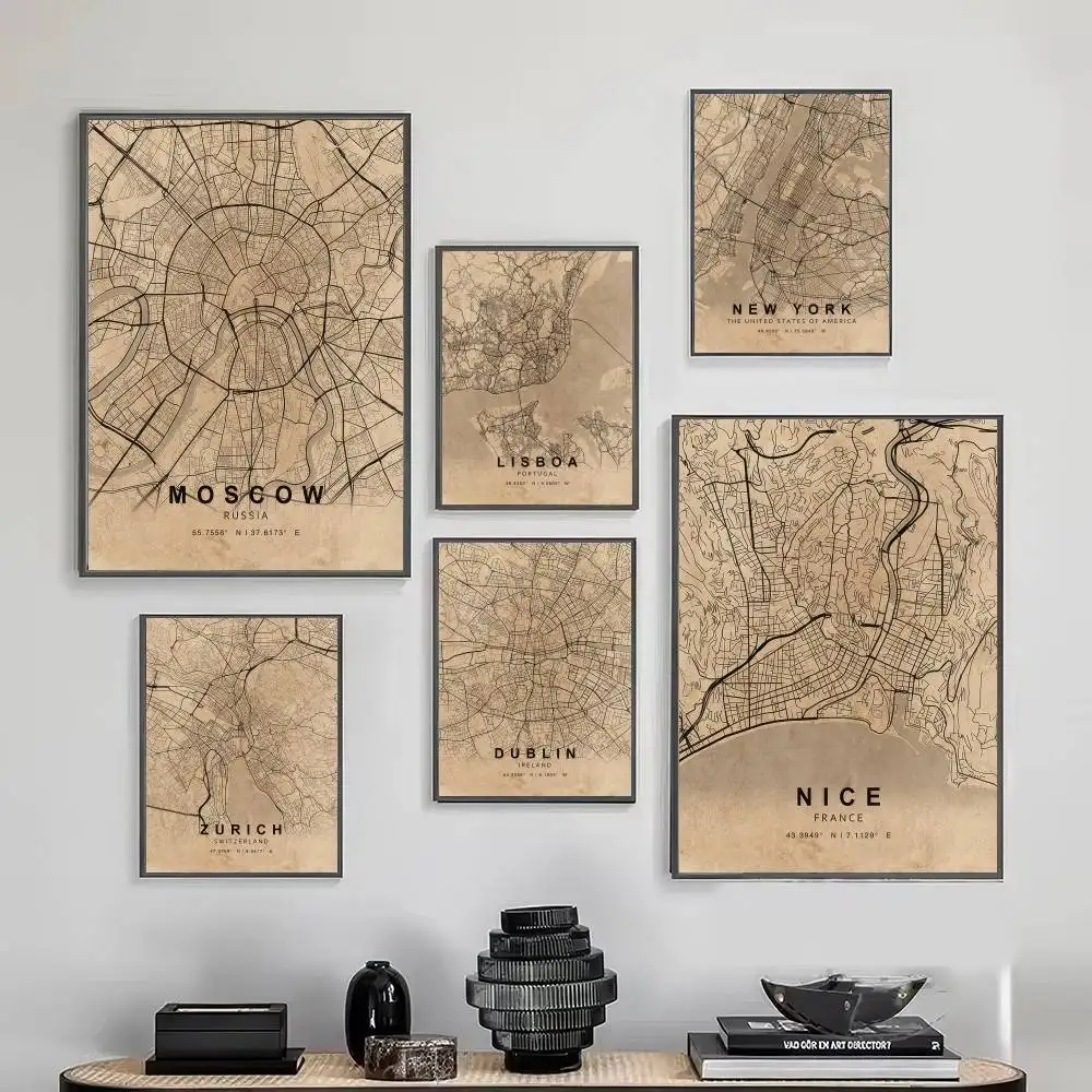 París, Londres, Nueva York, mapa de todas las ciudades del mundo, carteles nórdicos Vintage, pegatina Retro adhesiva, decoración DIY para habitación, Bar, cafetería