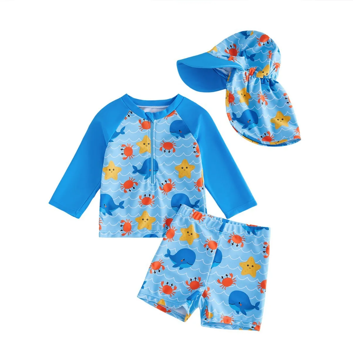 

2026 Boys Three-piece Sets Swimsuit Kids Long Sleeve Cute Cartoon Print Sun-protective Quick-Dry Swimwear Baby Bathing Costume