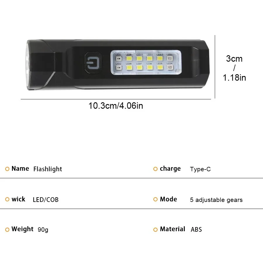 مصباح يدوي مع مؤشر ليزر أحمر 5 أوضاع إضاءة COB ضوء جانبي قاعدة مغناطيسية من النوع C شحن ABS مصباح يدوي للتخييم