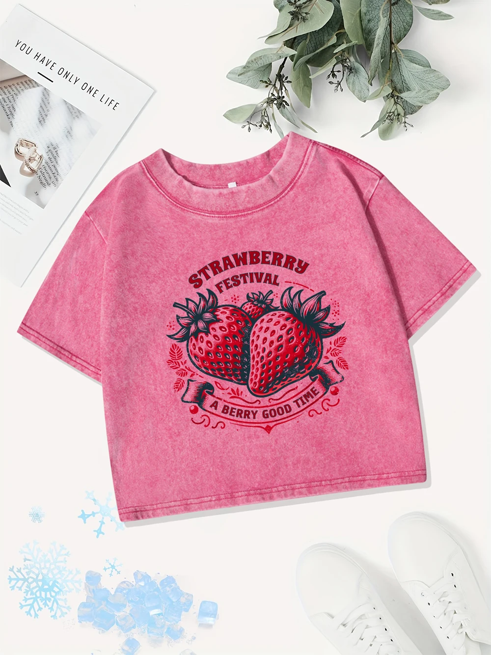 Summer Cotton Crop Tops Womens Strawberry Estival A Berry Good Timeprints Washed T-Shirt O-Neck Regular Fit Tees Casual Clothes