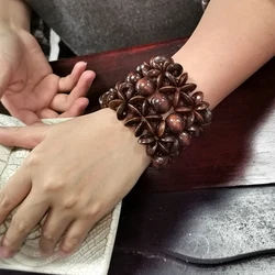 Bohemian Brown Wide Wood Beads Bracelets Cuff Bangle For Women Statement Wooden Bead Handmade Ethnic Jewelry Fashion Accessories