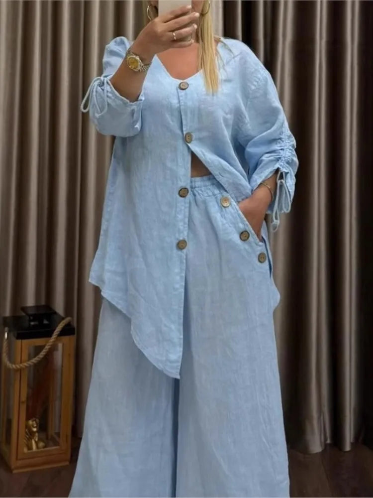 

Fashion Casual Two Piece Outfits Woman Solid Cotton And Linen Loose Button Set For Women's Cardigan Wide-leg Pants 2-piece Set