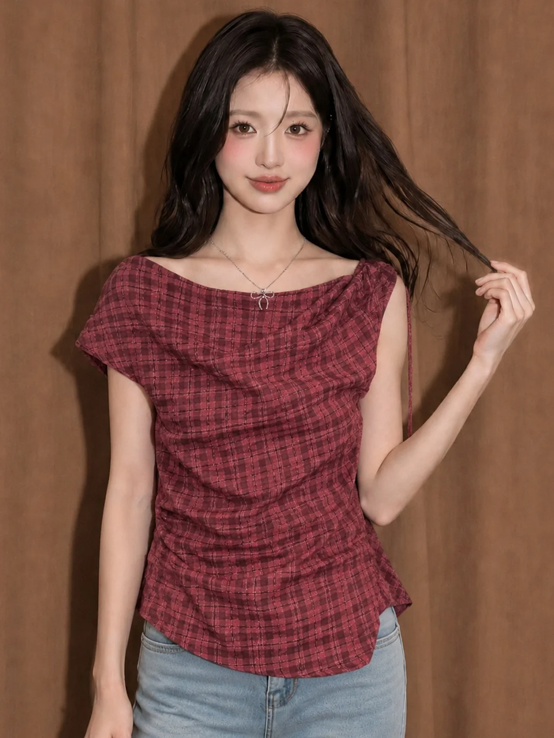 Red Plaid Asymmetrical Drawstring Short Sleeve Women's Shirt Summer Design Slimming Top Trendy Korean Style Breathable Skin-F...