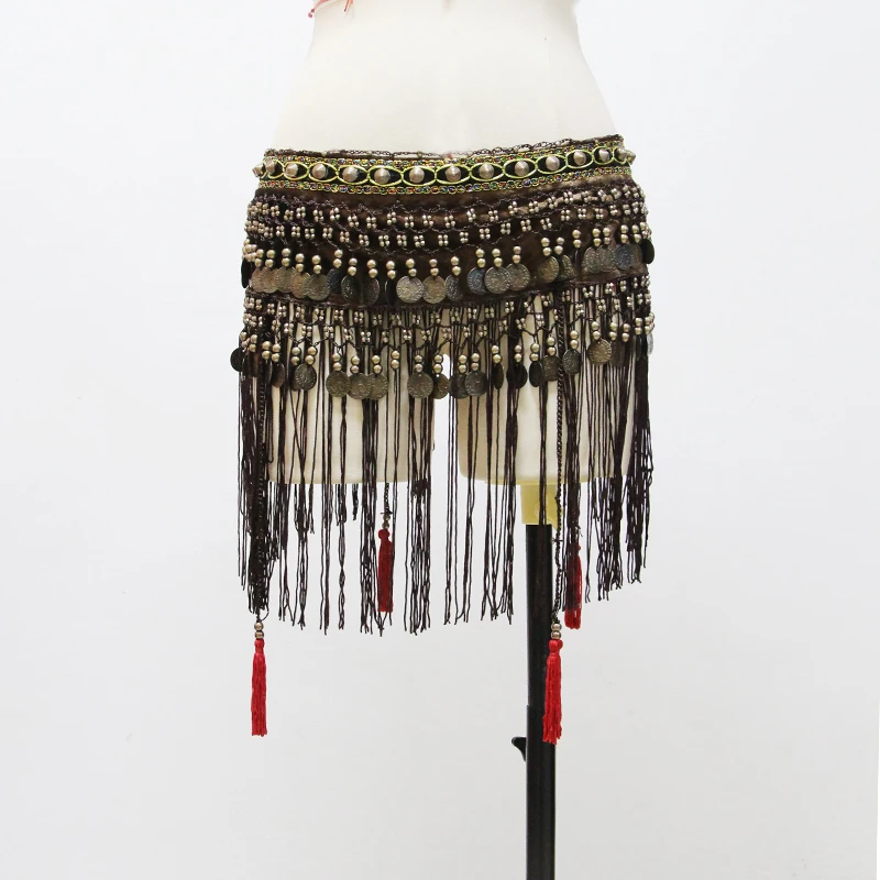 Pas do tańca brzucha z monetami, kostium tribal, frędzle, cekiny, łańcuszek na talię, akcesoria dla tancerki orientalnej/indyjskiej