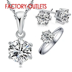 Real 925 Sterling Silver Bridal Jewelry Set Classic 5 Claws Crystal Necklaces Rings Earrings Women Girls Engagement Anniversary