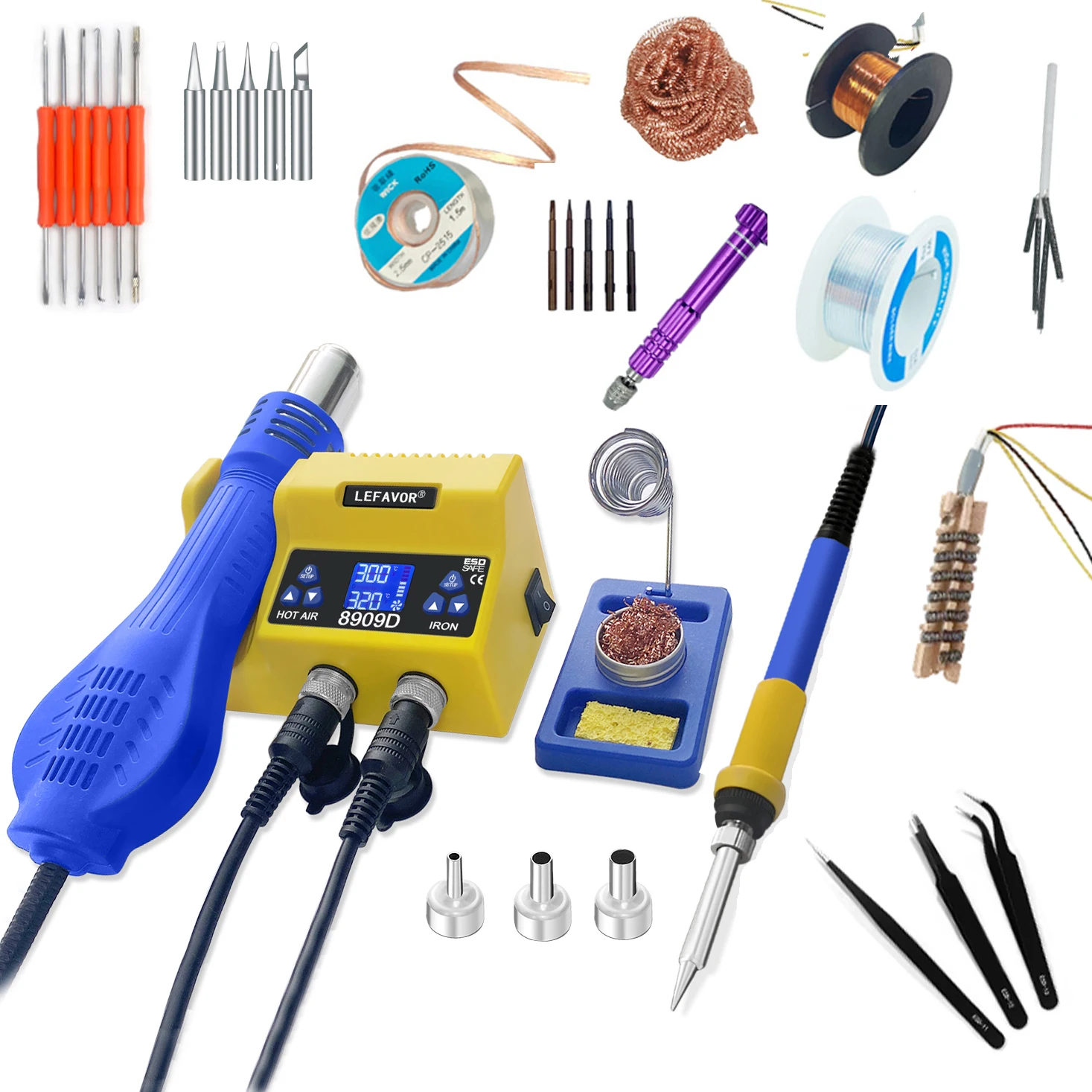 8909D 2 In 1 Digital Soldering Station , Soldering Iron + Hot Air Gun BGA SMD Welding Tool , Full Color LED Screen