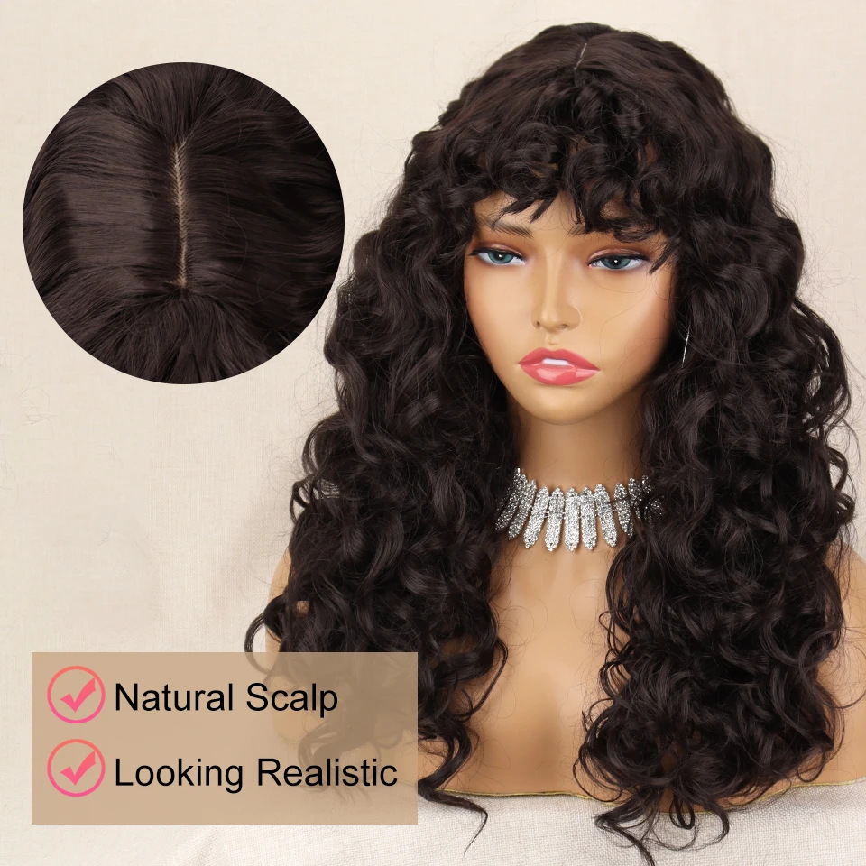 23 Inch Brown Curly Wig with Bangs Long Vintage Hairstyle with Curly Fringe Synthetic Wig for Women Daily Use Party