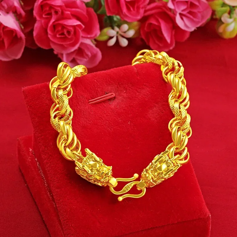 9999 24K real gold dragon pattern bracelet domineering double dragon head Fried Dough Twists bracelet gold bracelet