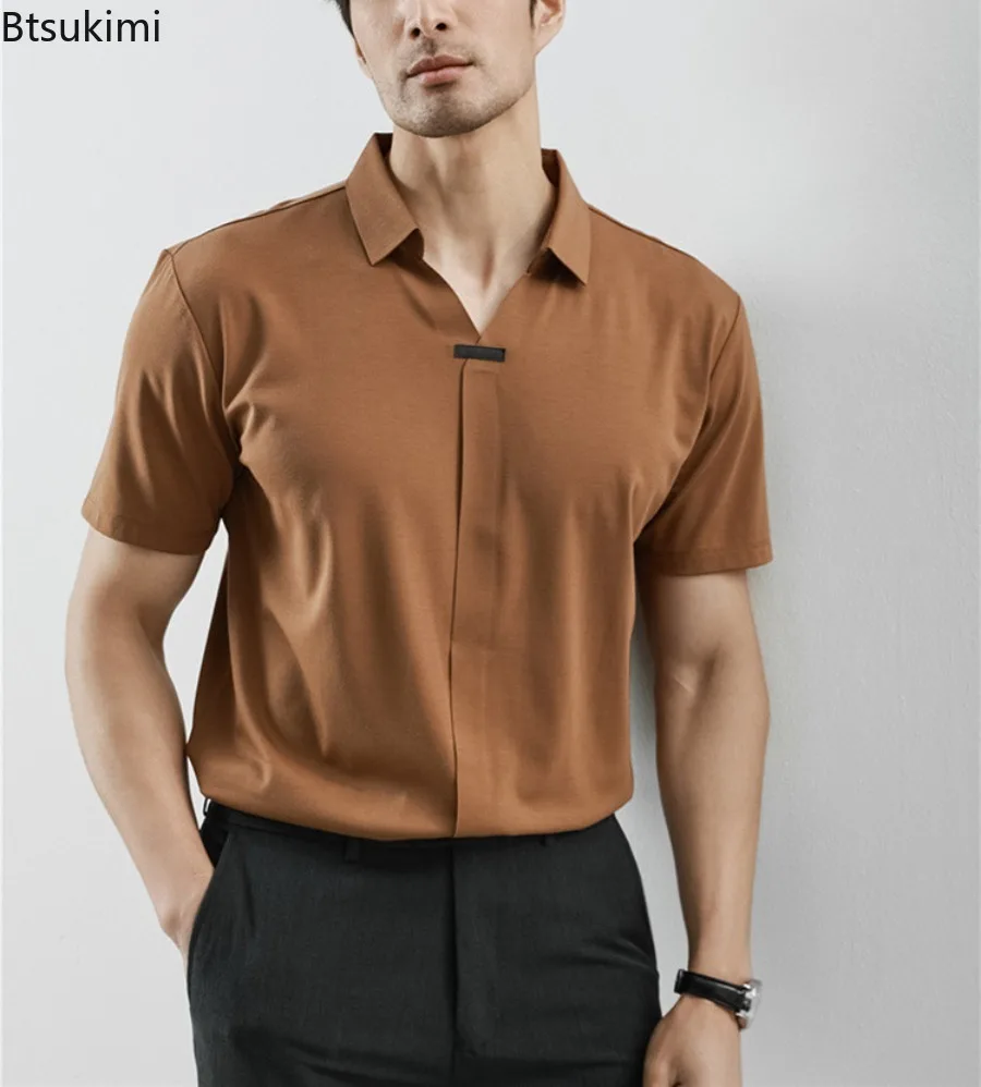 

High-end Men's Short Sleeve Polo Shirts Summer Ice Silk Breathable Solid Casual T-shirts Fashion Men Clothing V-neck Shirt Tops