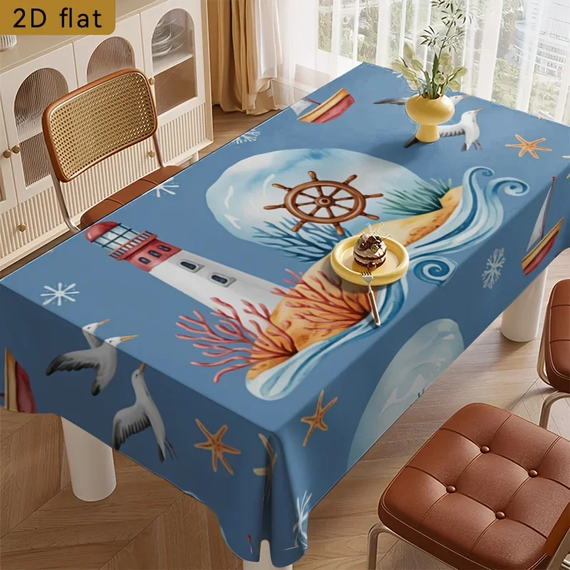 One watercolor lighthouse seagull sailing pattern tablecloth, 2D flat kitchen/dining room rectangular tabletop decoration, yzb