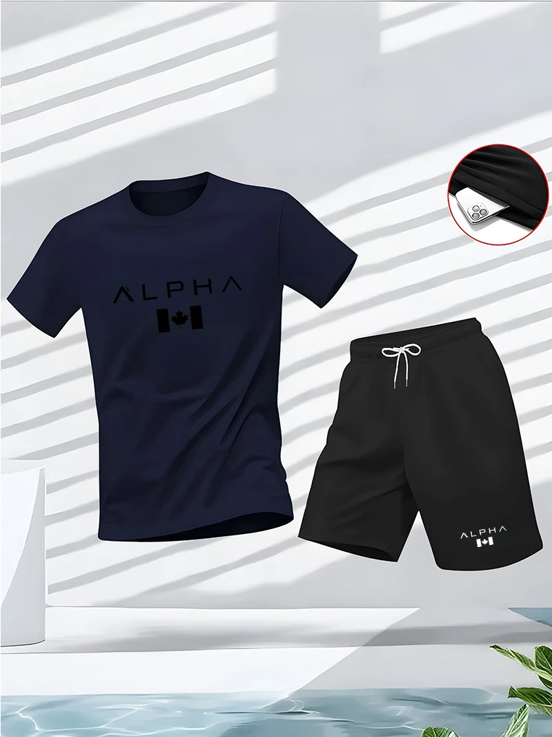 Men's summer fitness and sportswear set, round-neck short-sleeved T-shirt fashionable and casual view 4
