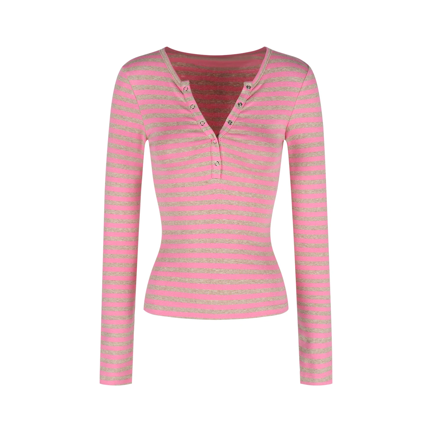 اللون حجب مخطط بأكمام طويلة تي شيرت للنساء الخريف سليم صالح الخصر Cinching الطبقة الداخلية قاعدة شبه مفتوحة الرقبة