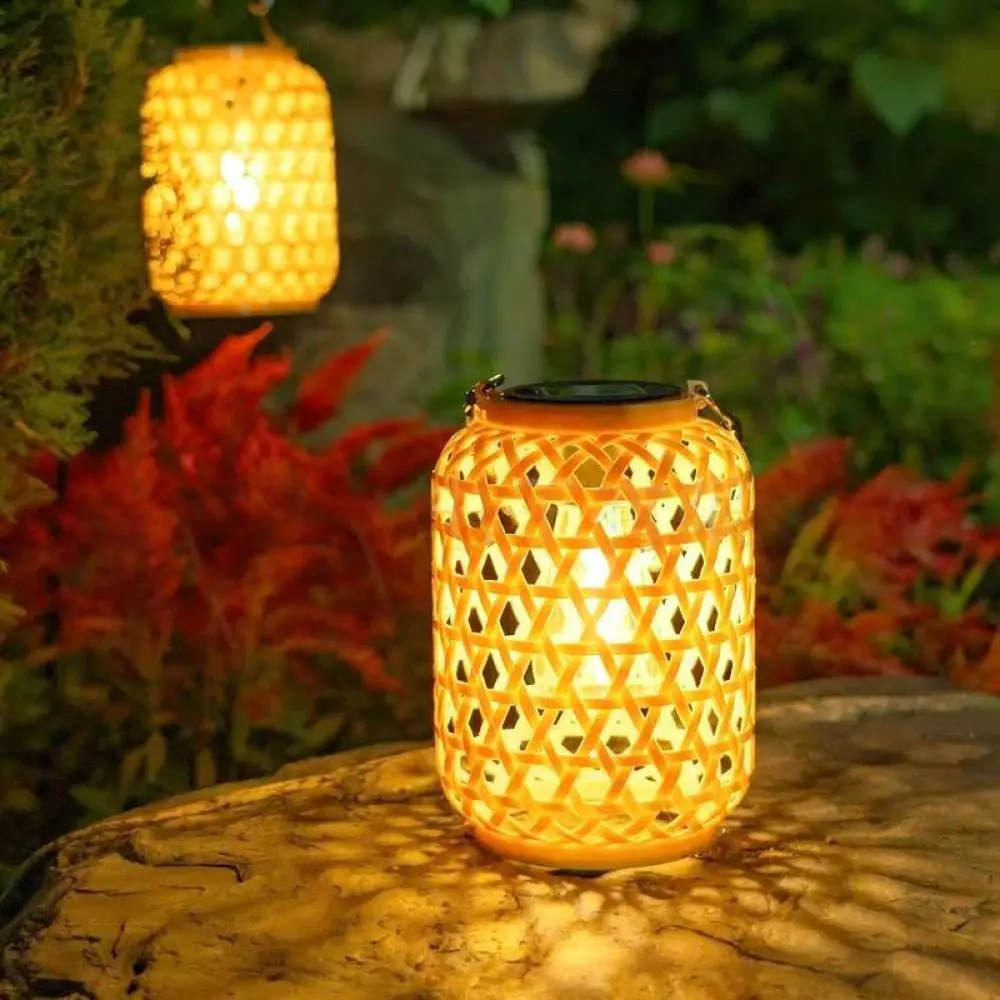 Vintage Solar Lantern Outdoor Garden Light Chinese Bamboo Weave Hanging Lamp Waterproof Yard Decorative Lighting