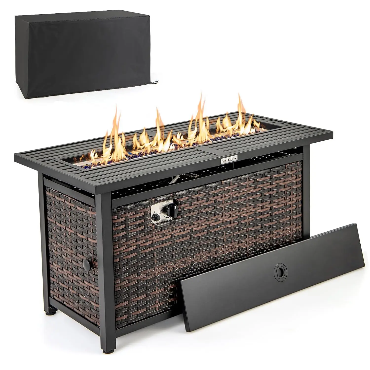 45'' Propane Fire Pit Table 50000 BTU Rattan Metal Top Glass Stones Lid Rectangular Gas Patio Backyard, Customized