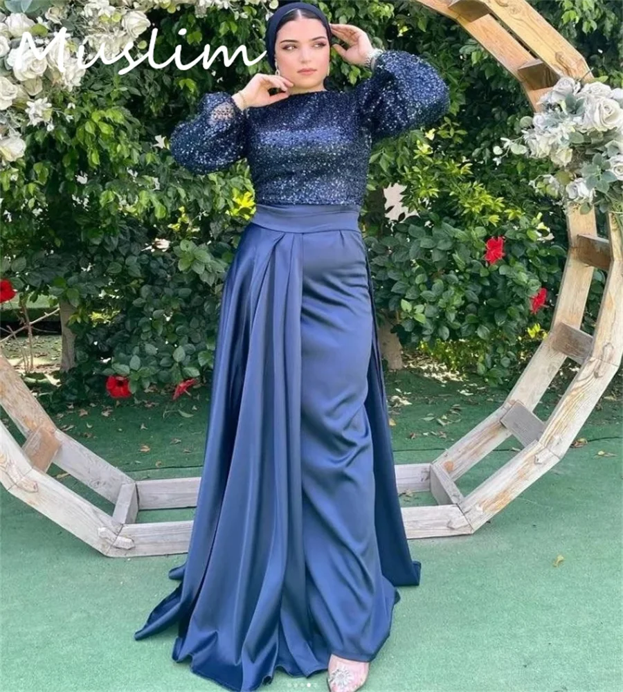 Funkelndes marineblaues muslimisches Abendkleid, elegantes Dubai-Abaya-Pailletten-Abschlussballkleid, langärmelig, saudi-arabisch, islamisch, formell, individuell