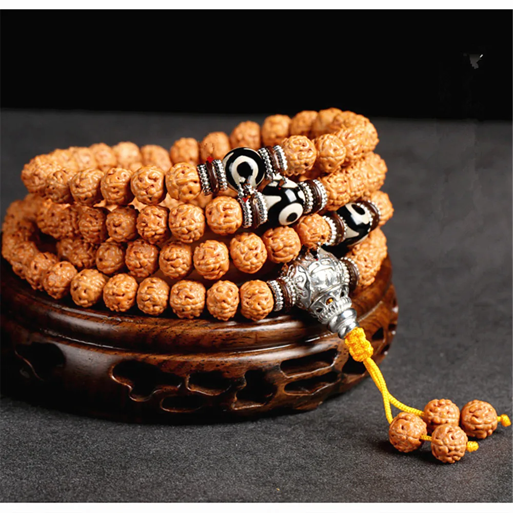 Natural 108 Bodhi Bracelets Yellow Skin Tibetan King Kong Bodhi Beads Necklace Rosary Three Eyed Dzi Buddhist Meditation Jewelry