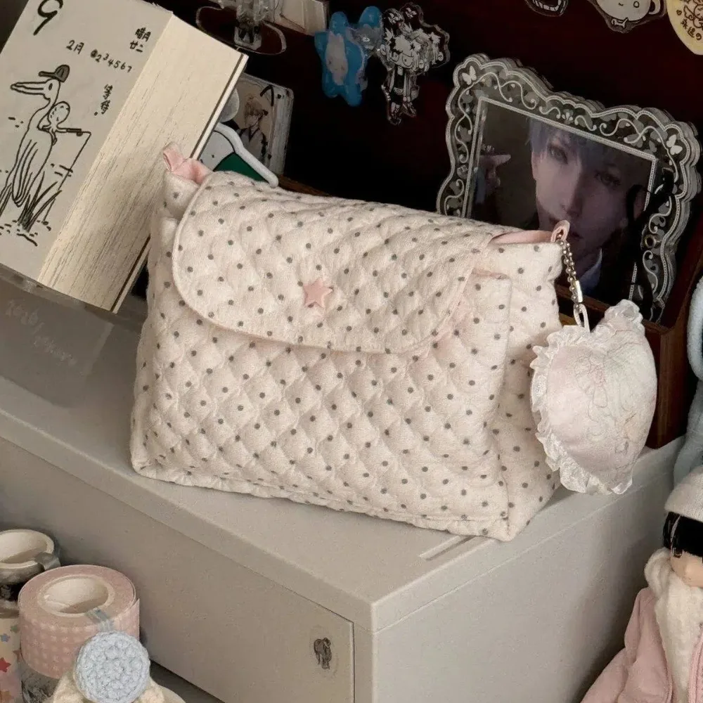 Pink White Polka Dot 3-Layer Handmade Storage Pouch Ins Aesthetic Decorative Organizer Bag DIY Portable Makeup Cosmetic Case