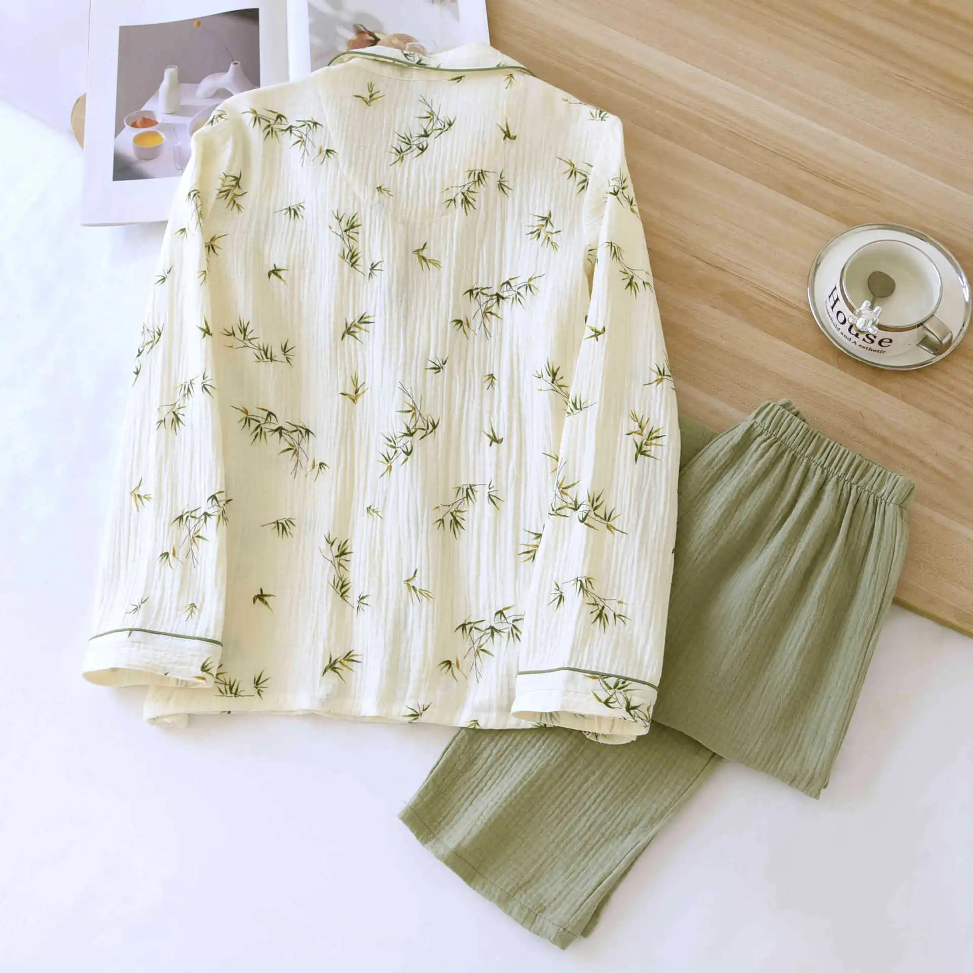 2025 New Spring/Summer Women's Pajama Set 100% Cotton Crepe Long Sleeve Long Pants Large Home Clothes Two Piece Set Sleepwear