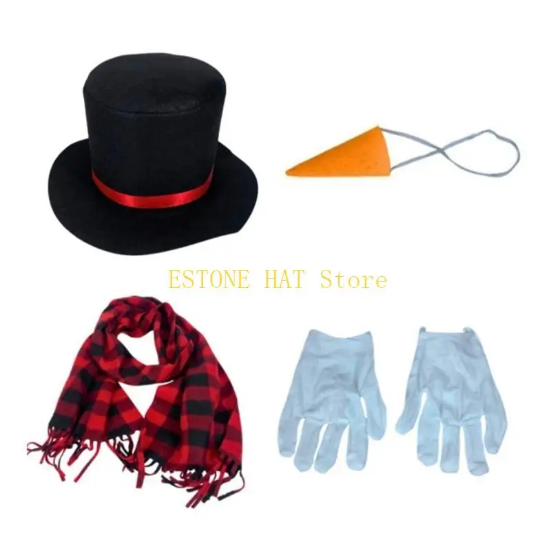 49MF 4 Pcs Snowman Costume Set Christmas Winter Frosty Costume Kits with Hat Scarf Nose Gloves Party Supplies for Men Women
