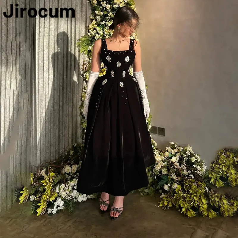 Jirocum Elegant A-Line Prom Gown Women\'s Square Neck Crystal Velvet Party Evening Gowns Ankle Length Special Occasion Dress 2024