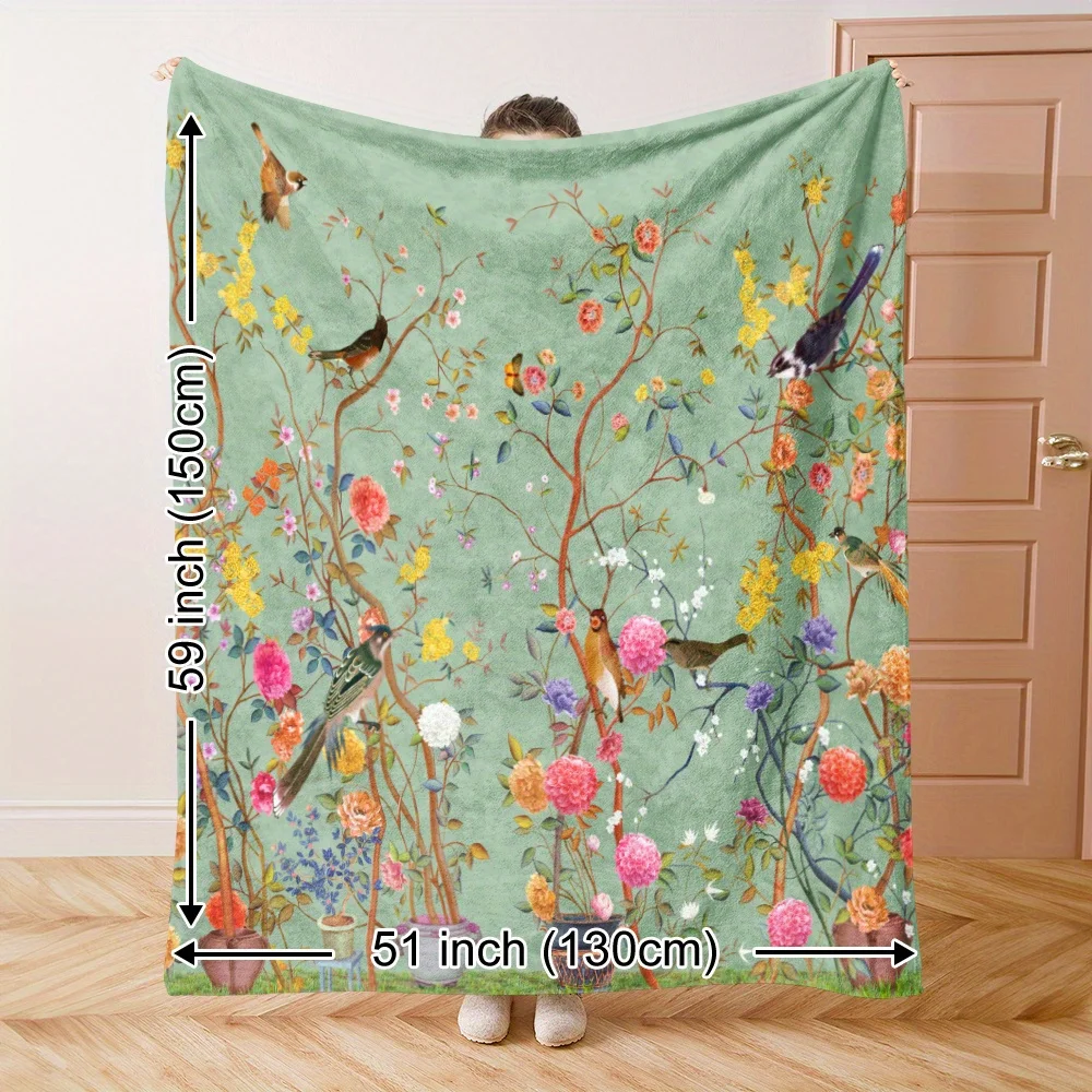 2D Flat Printing, 1pc Retro Floral Bird Nature Style Blanket/Throw, Printed with Twigs, Small Birds, Colorful Flowers, And Flowe