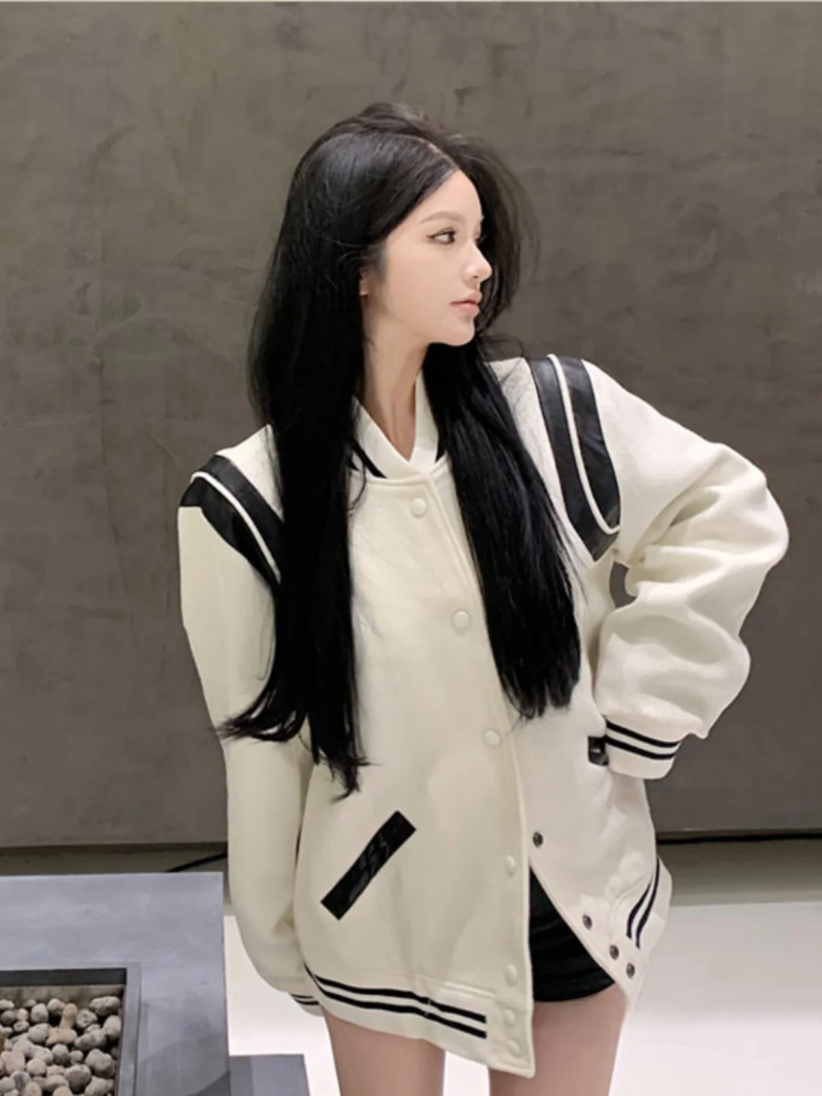 

White Casual Long Sve Jaet Women's American Sle Baseball orm Loose Slimming Streetwear Autumn Winter New Arrival