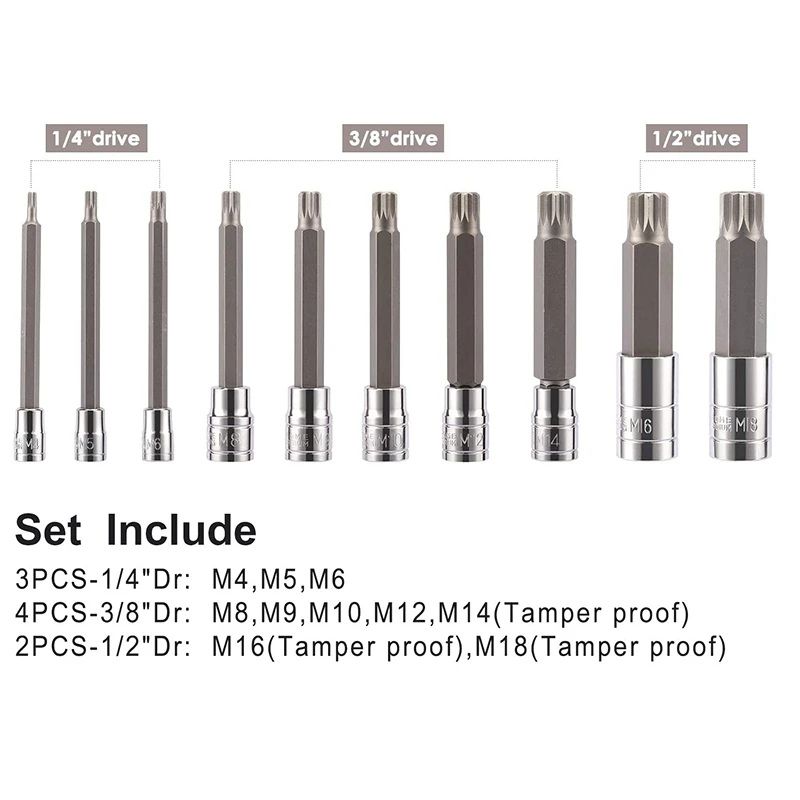 10 Piece 4 Inch Spline Tip Bit Socket Set M-Type Universal Sleeve M4-M18 Triple Square Spline Bit Socket Set