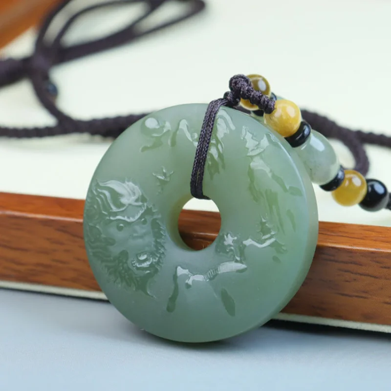 Exquisite Carved Hetian Jade Double-Sided Landscape Monkey Large Peace Pendant Necklace