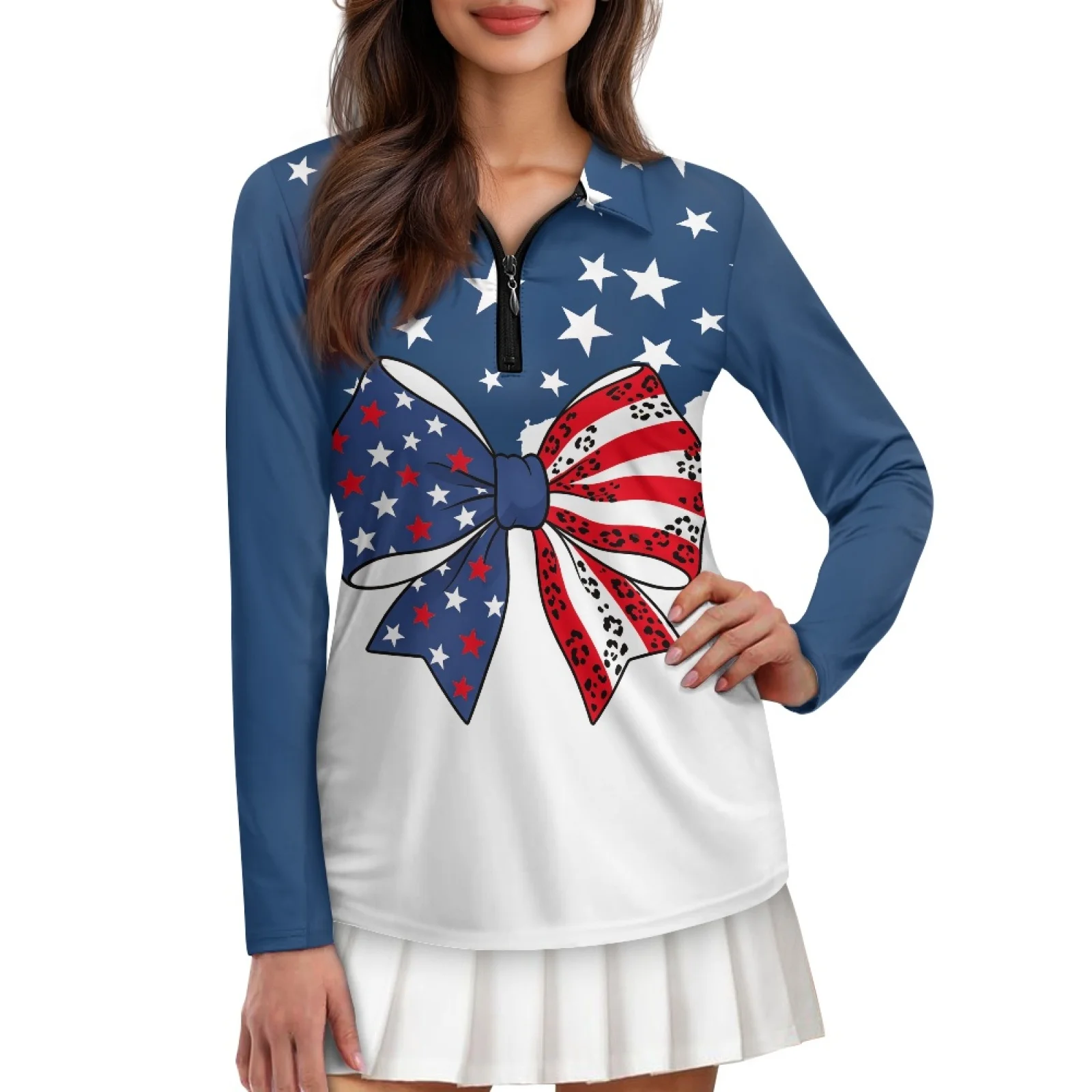 PENSTROLL Womens Patriotic Long Sleeve Polo Tops, Breathable Moisture Wicking Athletic Shirts for Golf Hiking Yoga