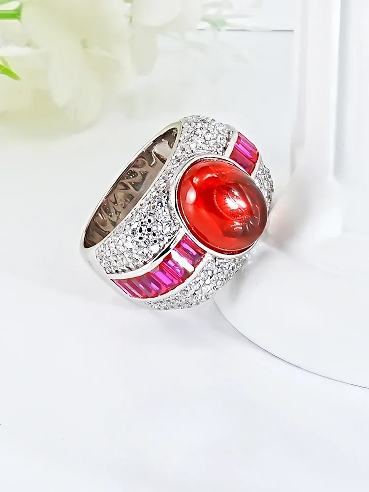 Luxury Set Artificial Red Chalcedony 925 Silver Ring with High Carbon Diamond Ring Vintage Wedding Jewelry