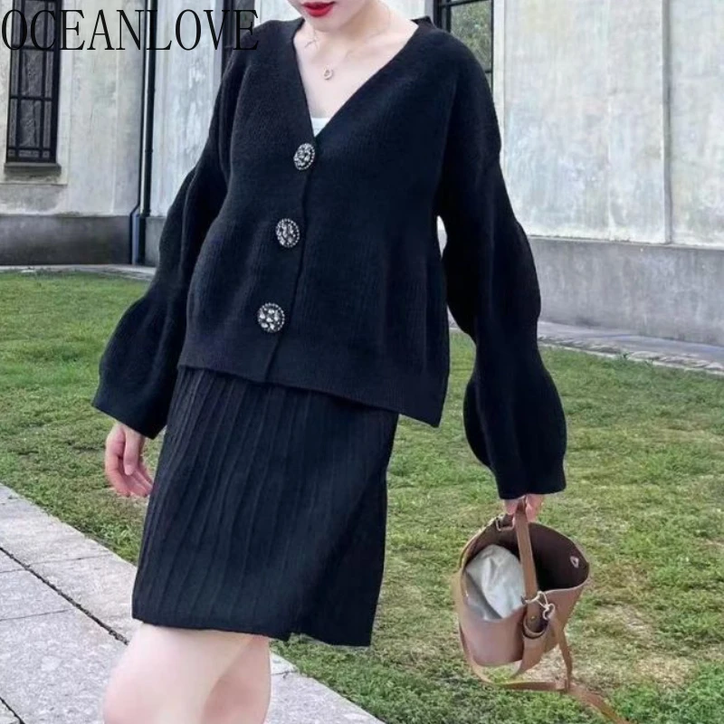 OCEANLOVE Knitted Two Piece Set for Women Solid Korean Fashion Autumn Winter Cardigans Skirts Sets Elegant Conjuntos Cortos