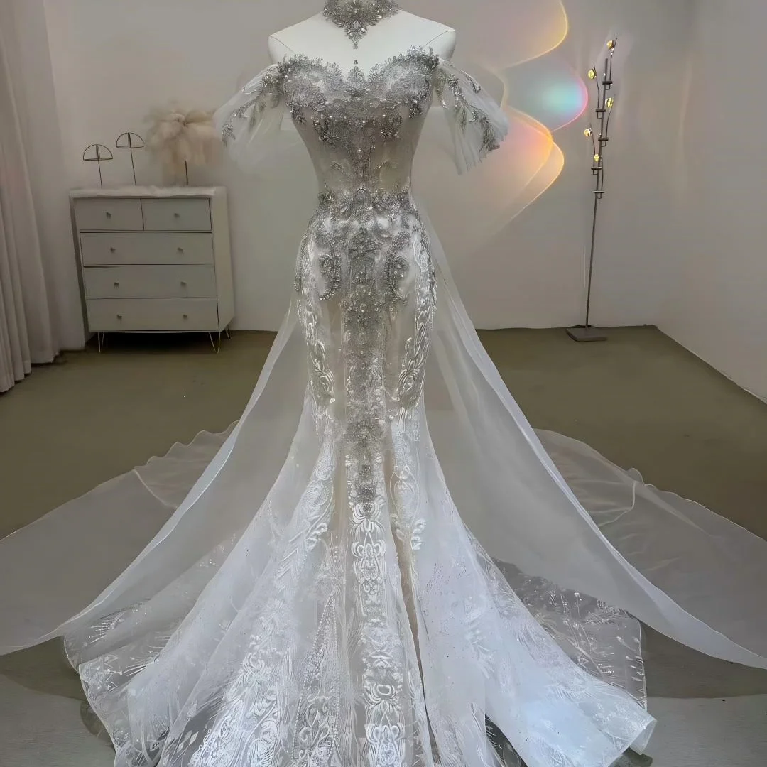 

Glitter Pearls Off Shoulder Wedding Dress Elegant Mermaid Floor-length Bridal Gown Customized Scoop Neck Dresses For Bride